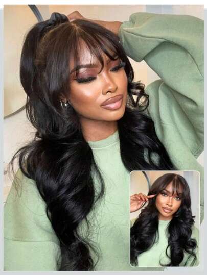 VIOLLY [Fringe Wig] Elegant Long Black Body Wave Wig With Air Bangs - Glueless Natural-Looking, High-Density 180% Premium Fiber Versatile Styling For All Women Wig Accessories