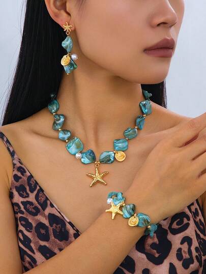 Bộ trang sức mùa hè phong cách Bohemian dành cho nữ, gồm bông tai/dây chuyền/vòng tay làm từ vỏ sò tự nhiên màu xanh dương, sao biển, ngọc trai, thích hợp cho nữ giới đi làm hàng ngày, tụ họp bạn bè, chụp ảnh thời trang, trang trí tiệc tùng, trang trí kỳ nghỉ, món quà trang sức quyến rũ.