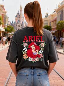 This Disney Women's T-Shirt Features A Creative Double-Sided Print Of The Disney Princess Ariel's Lettering And Cartoon Design. It's A Spring/Summer Style Round Neck Vintage-Inspired Washed Cotton T-Shirt, Made Of Soft And Comfortable Pure Cotton Fabric, Suitable For Everyday Wear, Shopping, Travel, And Casual Occasions. It Also Makes A Wonderful Gift. - Noir - Voir 3