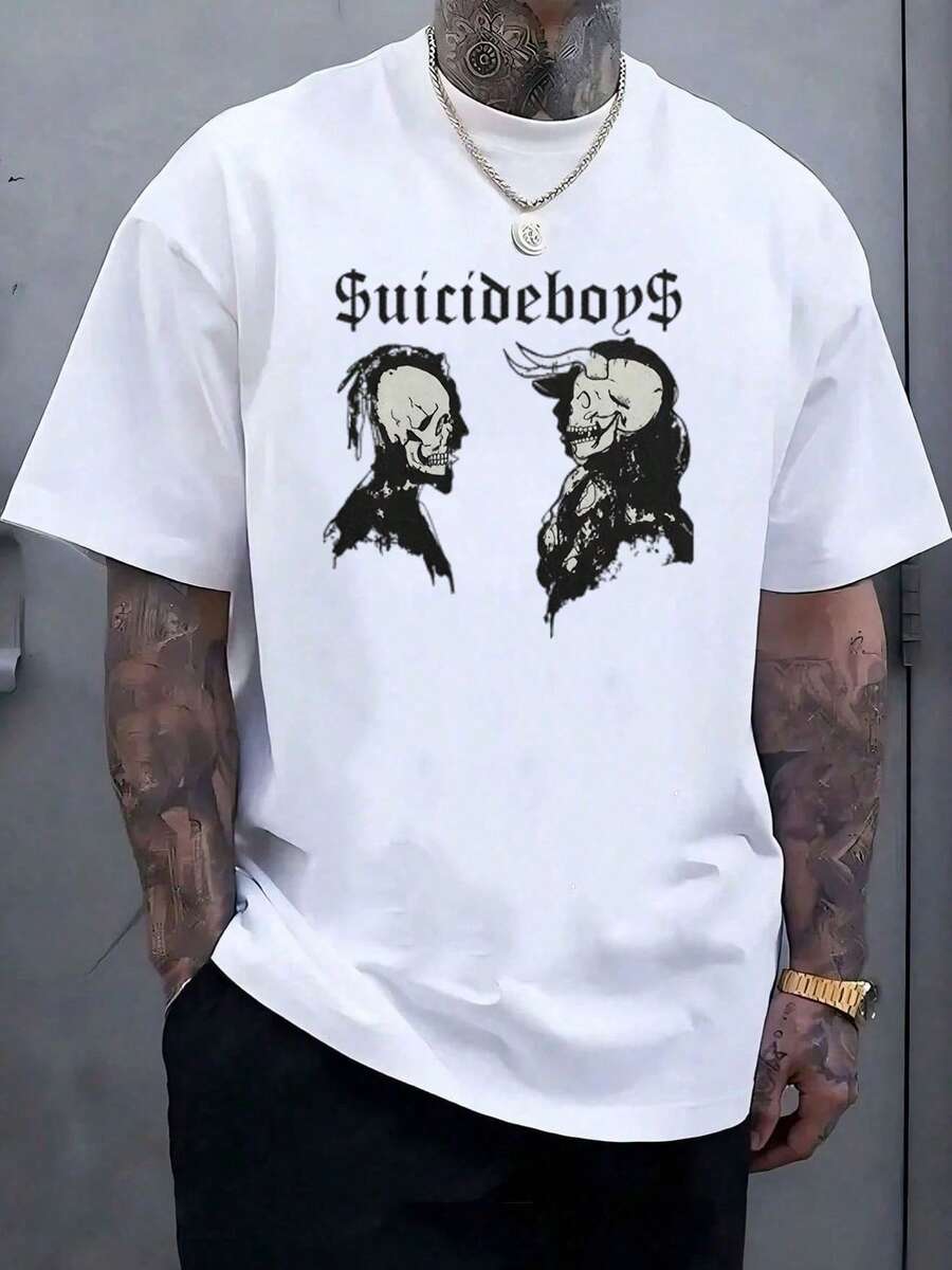 Suicideboy Era Tour Graphics Print T-Shirts For Men Harajuku Hip Hop Rock Style T Shirts Unisex Fashion Oversized Street T Shirt Tee Comfortable Comfortable Streetwear,Suicideboy Skeleton Graphic 100% Cotton Print T-Shirt,Halloween Funny Graphic, Sports Leisure Tee,Soft Cotton - 白色 - 查看 1