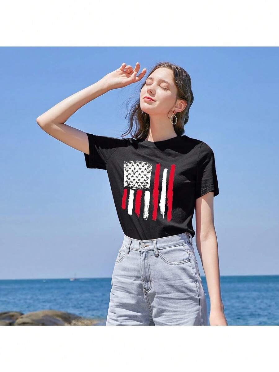 Patriotic T-Shirts For Women, American Flag T-Shirt, Fourth Of July T-Shirt, Graphic T-Shirt, Casual Short-Sleeved T-Shirt - 黑色 - 查看 1
