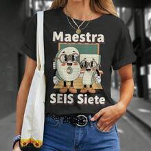 Maestra 67 Six Seven Spanish Teachers Students SEIS Siete Top-Shirt Unisex Cotton Black Printed Short Sleeve-Shirt, Vintage Street Style Casual Versatile Top Tee. - 黑色 - 查看 2
