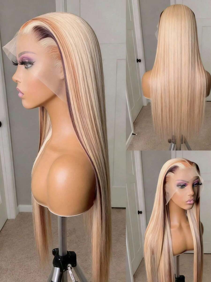 Highlight Blonde Natural Straight Glueless Wigs For Women Daily Use 13X4 HD Transparent Ombre Colored Lace Frontal Wig Human Hair Pre Plucked With Baby Hair 180 Density Bone Straight Lace Front Wigs Human Hair Natural Looking - 挑染金髮 - 查看 1
