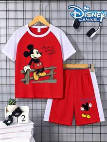 Disney Mickey Mouse Kids' Short-Sleeve T-Shirt & Shorts Set, Breathable Summer Casual Outfit For Boys & Girls - Đỏ-Trắng - Xem 1