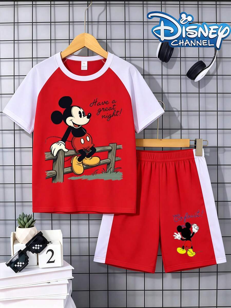 Disney Mickey Mouse Kids' Short-Sleeve T-Shirt & Shorts Set, Breathable Summer Casual Outfit For Boys & Girls - Đỏ-Trắng - Xem 1