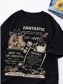 Women's 100% Cotton Cat Fantastic Happy T-Shirt, Cute Cat Design, Premium Line - 黑色 - 查看 1