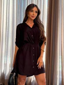 Button-Down Shirt Dress With Sash. - Purple - View 5