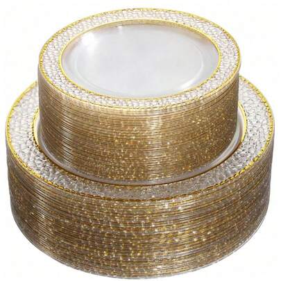 50/25/10pcs Set Transparent Gold Round Plates (Reusable And Washable), Minimalist Elegant Plates, Can Be Used As Fruit Plate, Salad Plate, Party Plate, Tabletop Decor Mat, Stackable And Space-Saving, Suitable For: Birthday, Wedding, Outdoor Picnic, Family Gathering, Holiday Celebration, Campus Party, Christmas, Thanksgiving, Mother's Day, Valentine's Day