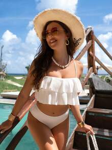 Bộ bikini nữ mùa hè mới, kiểu dáng thanh lịch với áo và quần short xếp ly, đồ bơi đi biển thường ngày, màu trắng. - trắng - Xem 4