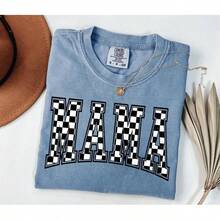 [100% Cotton] VPRNT  Checkered Mama Shirt, Gift For Mom, Retro Mom Shirt, Mother's Day Gift, Vintage Checkered Shirt,  Tee, Full Colors, Summer & Fall & Winter Styles Short Sleeve Tops - Unisex Women's & Men's Campus Daily Wear - 藍色 - 查看 1