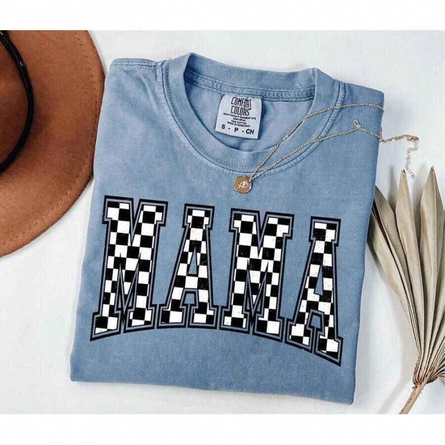 [100% Cotton] VPRNT  Checkered Mama Shirt, Gift For Mom, Retro Mom Shirt, Mother's Day Gift, Vintage Checkered Shirt,  Tee, Full Colors, Summer & Fall & Winter Styles Short Sleeve Tops - Unisex Women's & Men's Campus Daily Wear - 藍色 - 查看 1