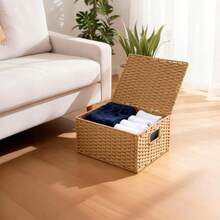 Natural Paper Rope Storage Baskets Set With Lids Woven Hamper & Organiser Box For Home Office Shelves Rustic Decorative Storage Baskets Portable Storage Baskets With Handles - Wood Color - View 7