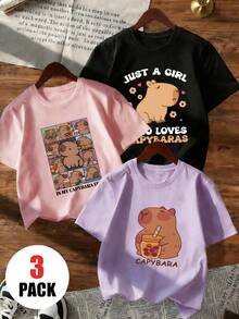 Bộ 3 áo thun ngắn tay cổ tròn in họa tiết dành cho bé gái, thích hợp mặc mùa hè cho học sinh - Áo thun in hình chuột lang nước dễ thương mang đến niềm vui và hạnh phúc cho mọi trẻ em! - Màu tím - Xem 2