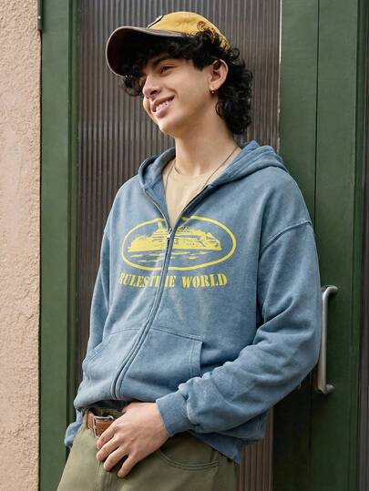 Open Phase 复古海报图案男士可水洗连帽卫衣，长袖上衣，夏季穿搭，适合日常穿着，宽松版型，夏季度假装扮