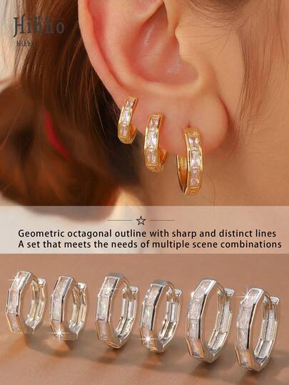 Hihho 6只奢华简约几何八角形耳环，线条流畅，夹式设计方便佩戴，宝石牢固镶嵌，适合日常佩戴，不易脱落或变形。
