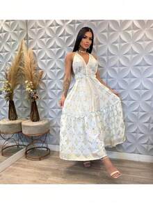 Elegant White Women's Long Silk  Print Dress - Blue and White - View 2