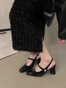 Teenage Girls' Square Toe Shallow Mary Jane Shoes, Hook And Loop Strap, Retro Chunky Heel Shoes, Fairy Style - Black - View 4