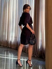 Button-Down Shirt Dress With Sash. - Purple - View 2