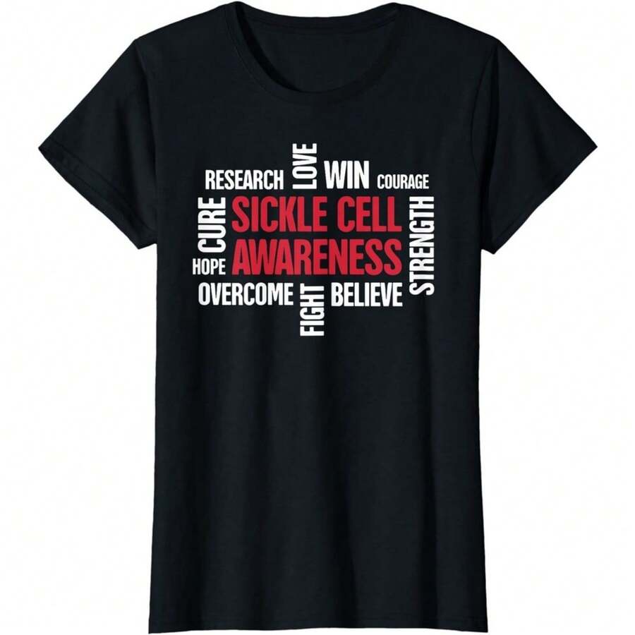 Red Sickle Cell Awareness Support Chronic Illness Crew Neck Top,Words - Sickle Cell Anemia Awareness Fighting Ladies' Crewneck T-Shirt - Black - View 1