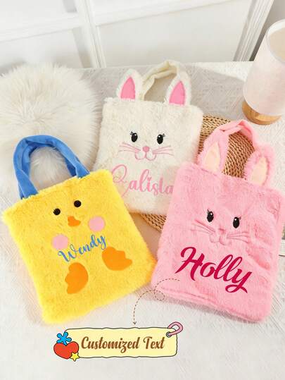 Personalized Easter Bunny & Duck Plush Tote Bag, Custom Name Available, Lovely Animal Festive Design, Soft Comfortable Material, Great For Spring Easter Celebrations, Holiday Gift Packaging, Home Festive Ornament, Easter Party Supplies And Exquisite Seasonal Gift Choice