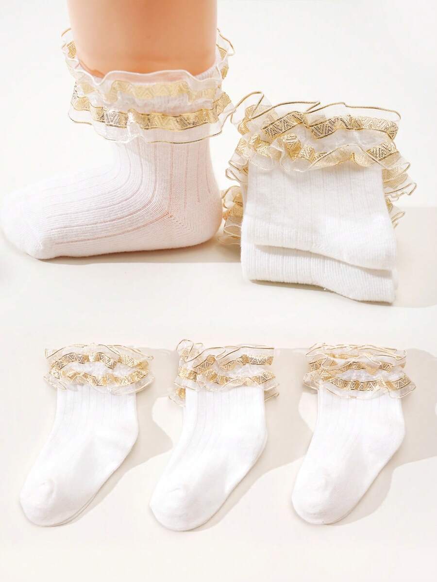3双新款蕾丝边白色袜子，四季皆宜的百搭时尚袜子，公主风甜美女婴袜子，金色镶边优雅袜子 - 金色 - 查看 1