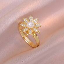 不锈钢可旋转四叶草和向日葵戒指，镶嵌锆石，适合海滩、度假、旅行摄影 - 彩色 - 查看 15