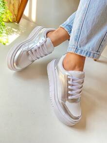Women's Casual Flatform Sneakers - Comfortable For Everyday Use, Gym, And Casual Wear - Bạc - Xem 3