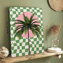 1幅复古风格帆布墙画，粉色和绿色棕榈树搭配格子图案，展现加州夏季热带风情，融合90年代和Y2K的优雅美学，适合作为节日礼物或卧室装饰，不含画框。 - 彩色 - 查看 7