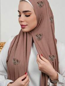 1 pieza Elegante pañuelo de hijab rectangular de jersey elástico con rayas y adornos de strass - Multicolor - Ver 2