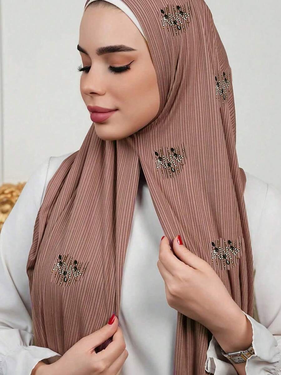 1 pieza Elegante pañuelo de hijab rectangular de jersey elástico con rayas y adornos de strass