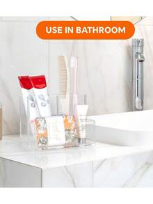 3-Compartment Acrylic Makeup Brush Holder, Minimalist Desktop Organizer, Suitable For Office, School, Makeup Brushes - Clear - View 7