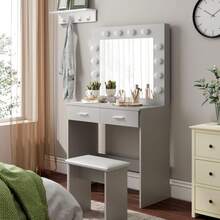 Grey Dressing Table Set With LED Lights Mirror, Vanity Makeup Table 2 Large Drawers And Stool - Light Grey - View 6