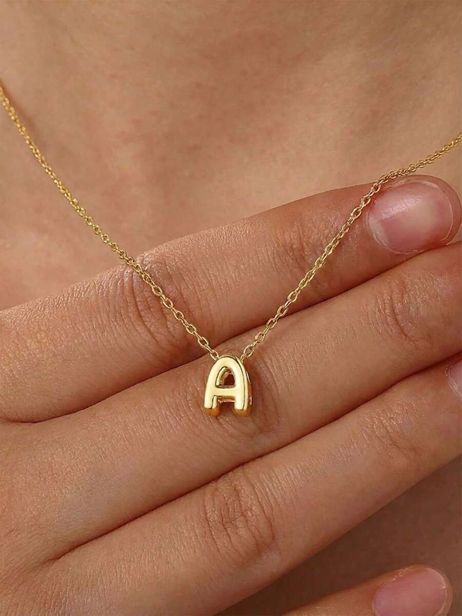 1pc Gold Tone 3D Bubble Letter Pendant Necklace, Cute Balloon A-Z Initial Alphabet Charm Chain, Y2K Aesthetic Jewelry For Women - Yellow Gold - View 1