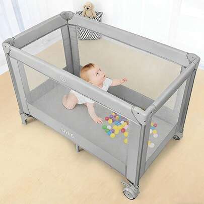 Extra-Large Foldable Baby Playard With 360° Mesh Visibility & 2 Silent Wheels – Portable Travel Crib For Toddlers, Includes Carry Bag & Folding Mat, Indoor/Outdoor Use, 33 Lb Capacity