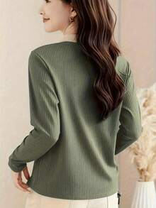 2025 新款秋季女式 Polo 领长袖 T 恤，时尚外套套头衫 - 軍綠色 - 查看 5