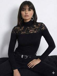 Women's Long-Sleeve Ribbed Blouse With Lace Turtleneck - Black - View 1