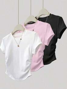 A Simple Solid-Color Short-Sleeved T-Shirt Set For Women, Suitable For Daily Wear And Easy To Match With Various Outfits. Includes 1 Piece - Nhiều màu 10 - Xem 1