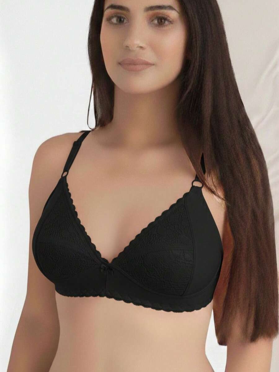 Non-Padded Lycra And Lace Bra, No Wire, Sizes S, M, L, XL - Negro - Ver 1