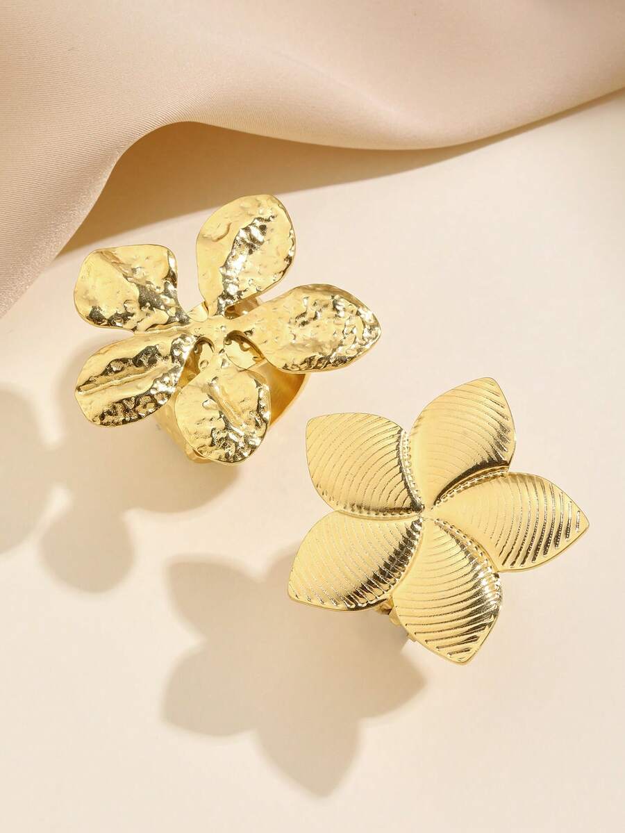 2pcs Stainless Steel Fashion Exaggerated Gold-Colored Flower Open Ring Set, Suitable For Women's Daily Wear Or Gift Giving - Yellow Gold - View 1