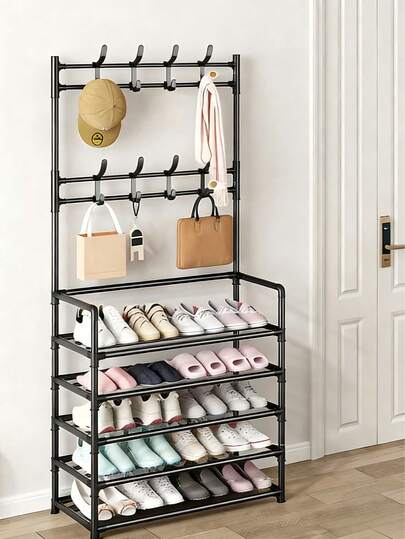 Estantería de 4/5 niveles de hierro para ropa y zapatos, con 8 ganchos, fácil de ensamblar, con diseño autoportante, muy adecuada para usar en oficinas, pasillos y dormitorios.