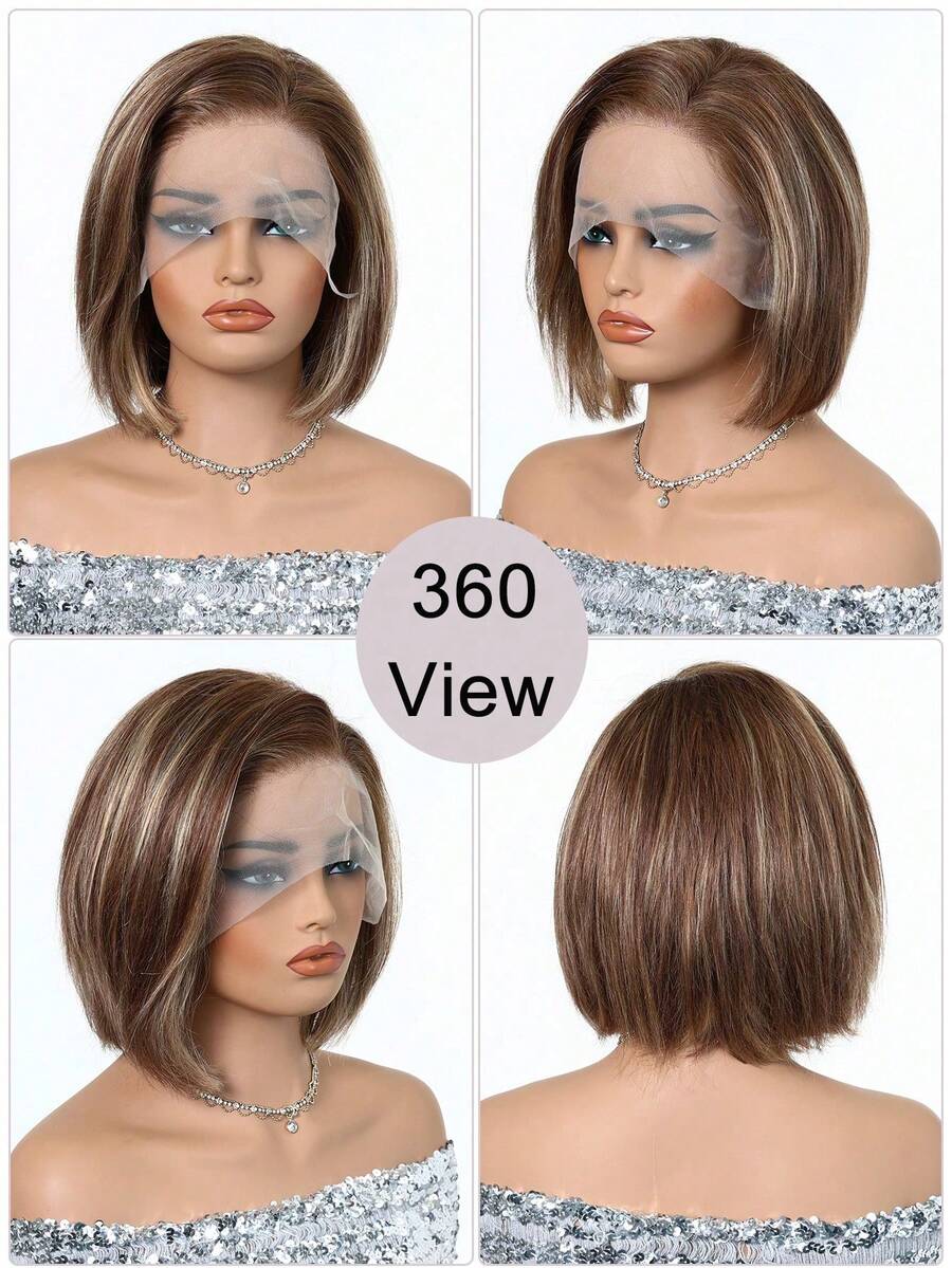 6/613 Highlighted Golden Brown Straight Hair Wig, 13x4 Lace Front Brazilian Hair Wig For Women, 10 Inches, 150% Density