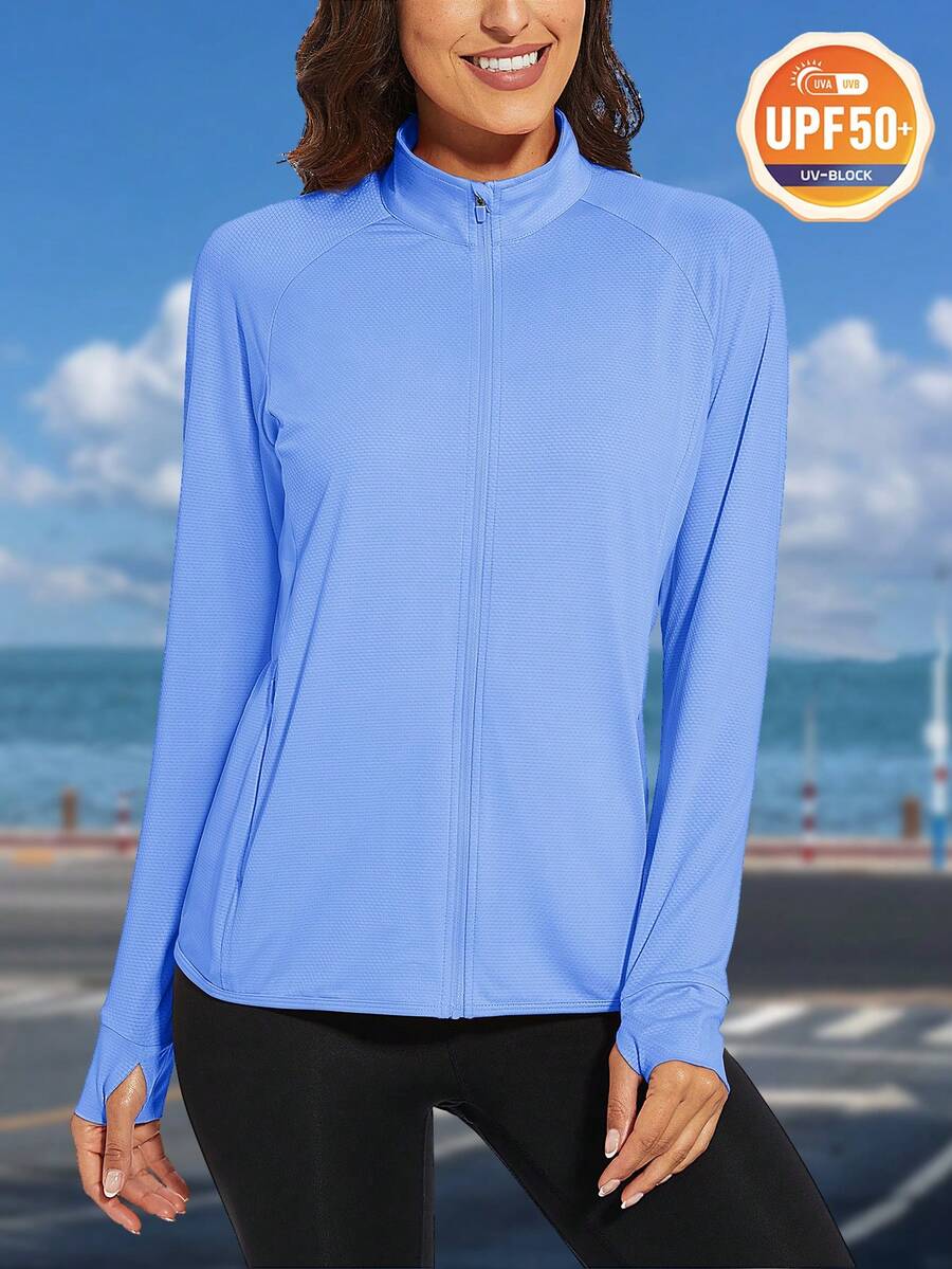 KEFITEVD 女士 UPF 50+ 轻便运动夹克 防晒 全拉链长袖衬衫 远足户外口袋
