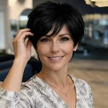 Short Straight Wigs Human Hair With Bangs | Natural Color, 150% Density, Non Lace, Rose Net Cap, 100% Real Human Hair For Daily Wear & Party Use - Natural Black - View 3