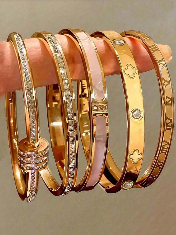 18K Gold Plated Women's Bracelet, Stackable Cuff Bracelet With Roman Numerals And Four-Leaf Clover, Fashionable Jewelry For Daily Wear And Gifts