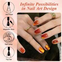 MEET ACROSS 1pc 7ml Jelly Colored Stone Cat Eye Gel Nail Polish, Gold Light Ultral Shine Gradient Magnetic Semi Permanent Soak Off UV Gel Varnish For Summer Nails, Manicure Nail Art Degign For Home And Salon Nail Supplies - 亮橙色 - 查看 6