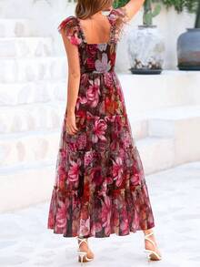 Women's Summer Mid-Length Dress Casual Sleeveless Pleats Ruffled Tulle Flowing New Year Party Wedding Guest Sundress - Nền màu nâu với họa tiết hoa màu hồng. - Xem 2