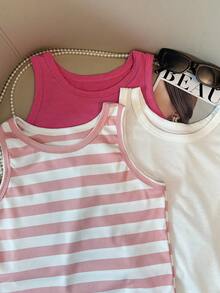 3pcs Tween Girl Sleeveless Tank Top Set, Breathable Casual Summer, Back To School, Spring, Summer, Autumn, Winter, Striped, American Style - Pink - View 2