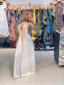 Elegant White Long Dress For Women, Long  Silk Print. - 亮白色 - 查看 2