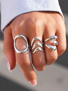 Frminee 3pcs/Set Stackable Geometric Silver Stainless Steel Ring Set, Women Daily Wear Jewelry, Everyday Accessory And Gift - Silver Style 3 - View 3