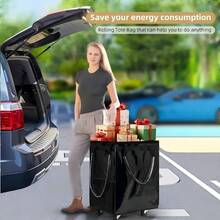 Wheeled Foldable Reusable Shopping Bag (Large, Black) Reusable Grocery Bag On 5 Wheels, Foldable Rolling Tote Carries Up To 76lb Shopping Trolley, Rolling Bag With 3 Handles, Zipper Clouser Rolling Tote Bag With Wheels For Laundry - A - 查看 3